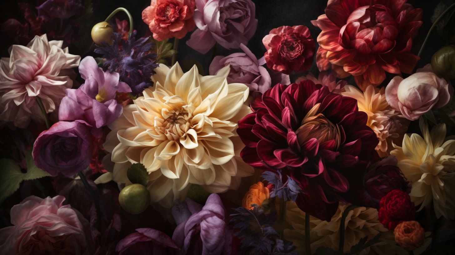 Dahlias, roses and ranunculus in deep jewel tones against a dark ground